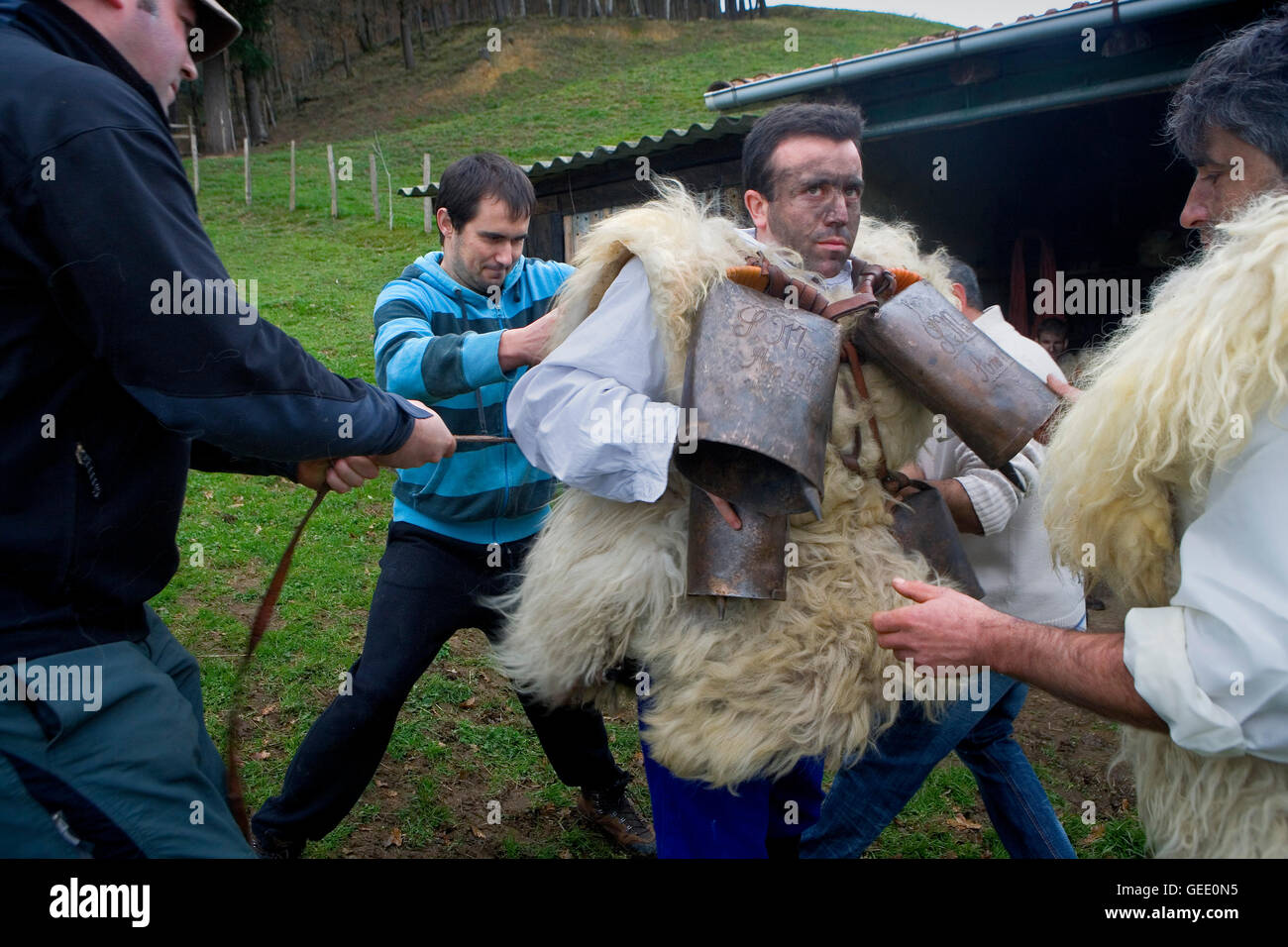 `La Vijanera´carnival,`Zarramaco´,preparing the carnival, Silio, Molledo. Cantabria, Spain. Stock Photo